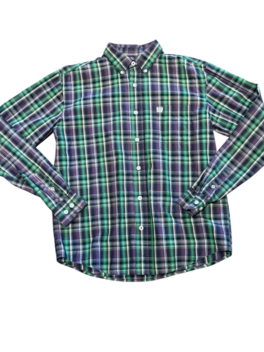 Cinch Youth XL 14 Green & Purple Plaid Button-Down Long Sleeve Shirt